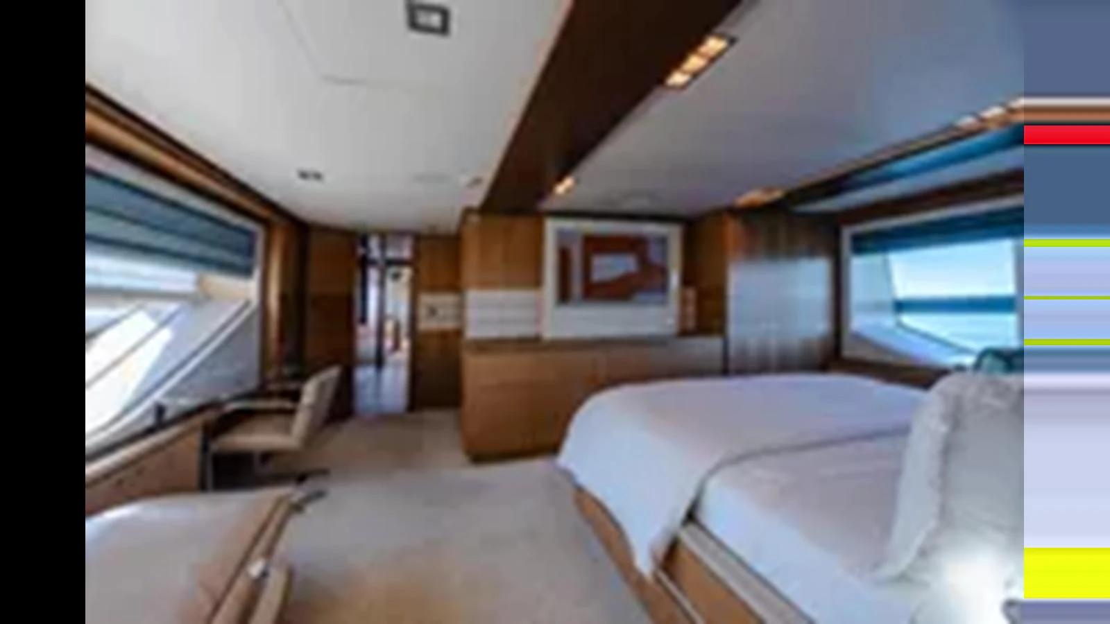 The master stateroom features a spacious layout with large windows and elegant furnishings. aboard 2012 FERRETTI YACHTS CUSTOM LINE 100 Yacht for Sale
