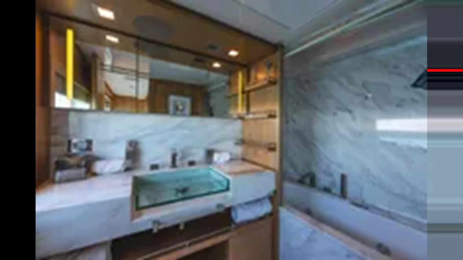 The yacht's bathroom features elegant marble surfaces and modern fixtures. aboard 2012 FERRETTI YACHTS CUSTOM LINE 100 Yacht for Sale