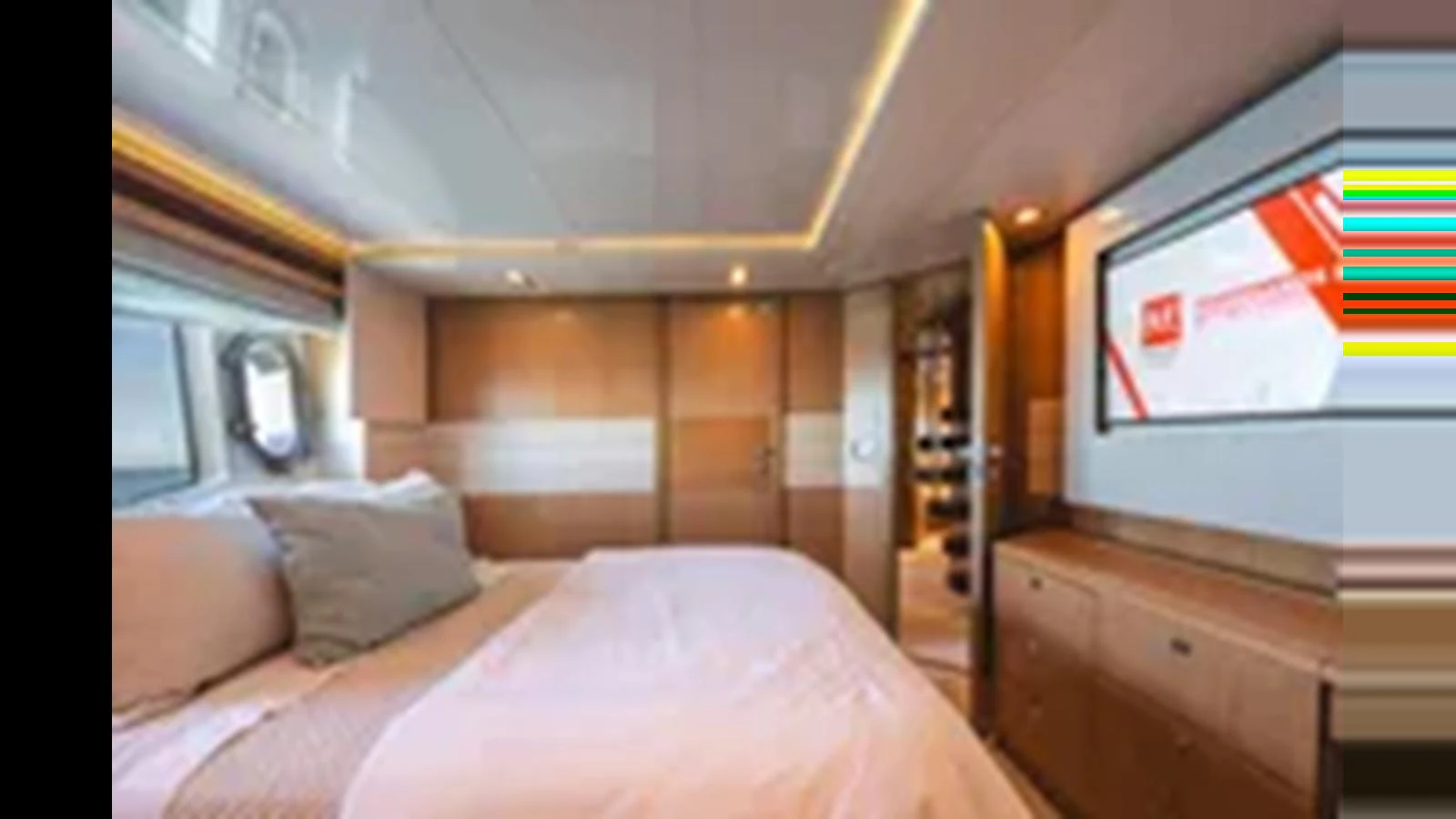 A luxurious stateroom featuring a comfortable bed and modern amenities. aboard 2012 FERRETTI YACHTS CUSTOM LINE 100 Yacht for Sale