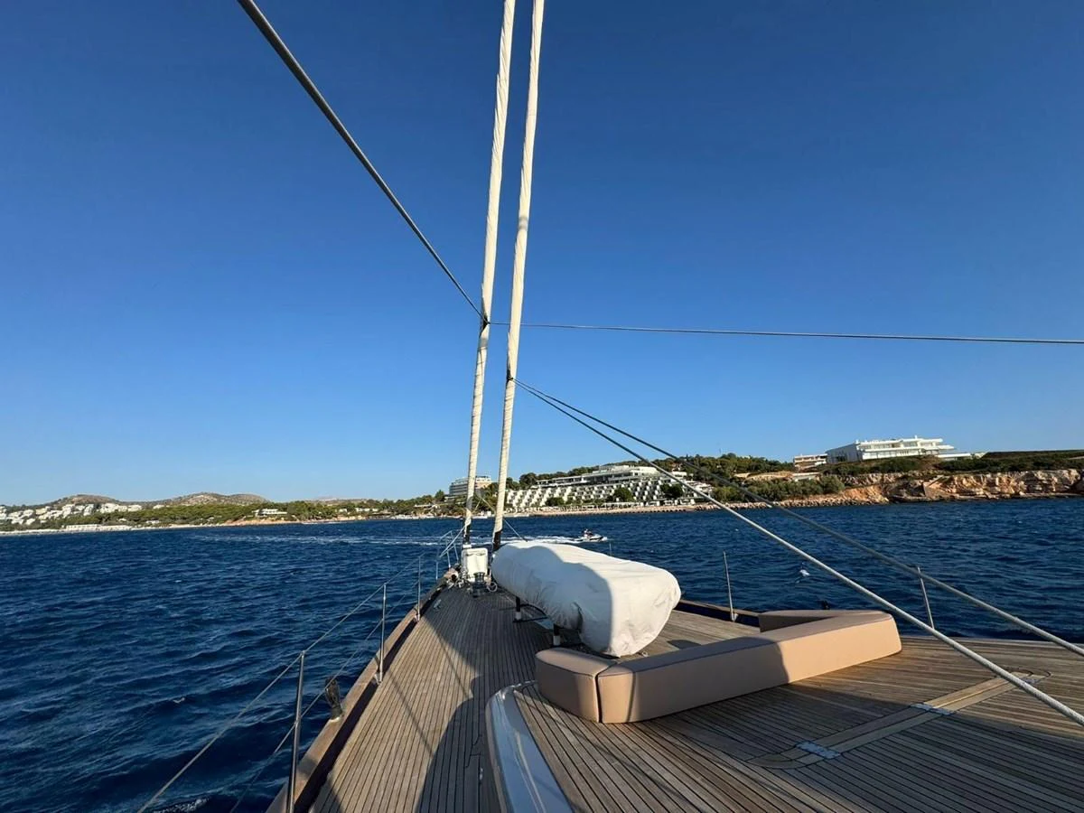 The foredeck of the yacht offers a spacious area with sun pads and a clear view of the surrounding waters. aboard PATRIOT Yacht for Sale