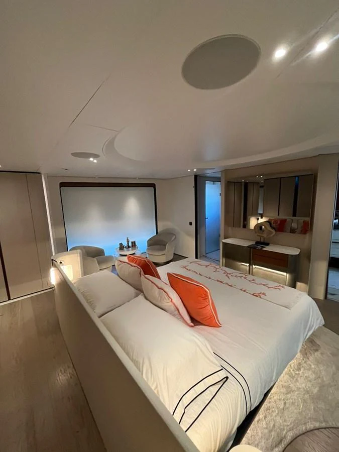 The master stateroom offers a luxurious and serene retreat with elegant furnishings and ample space. aboard LUZ DE MAR Yacht for Sale
