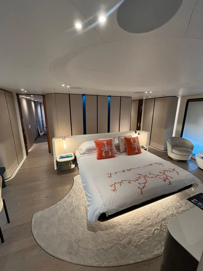 The master stateroom offers a luxurious and spacious retreat with elegant decor and modern amenities. aboard LUZ DE MAR Yacht for Sale