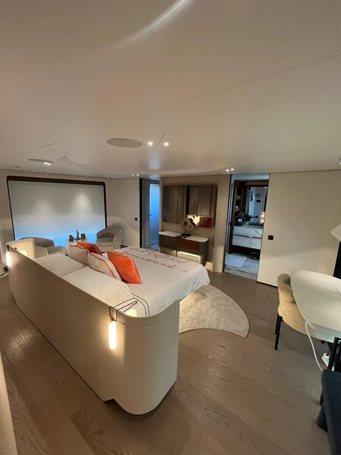The master stateroom features a luxurious bed with elegant decor and ample space for relaxation. aboard LUZ DE MAR Yacht for Sale