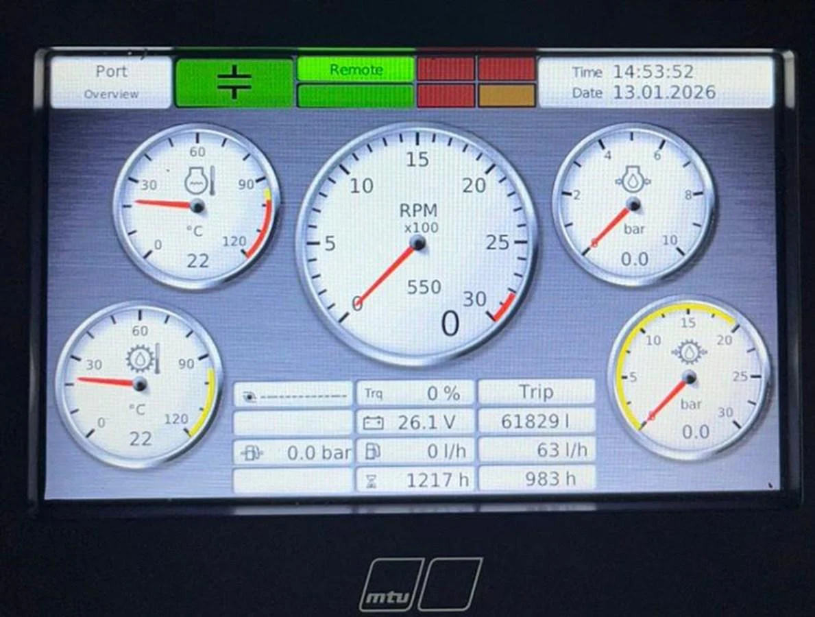 The image shows a detailed view of the yacht's instrument panel with various gauges and indicators. aboard LUZ DE MAR Yacht for Sale
