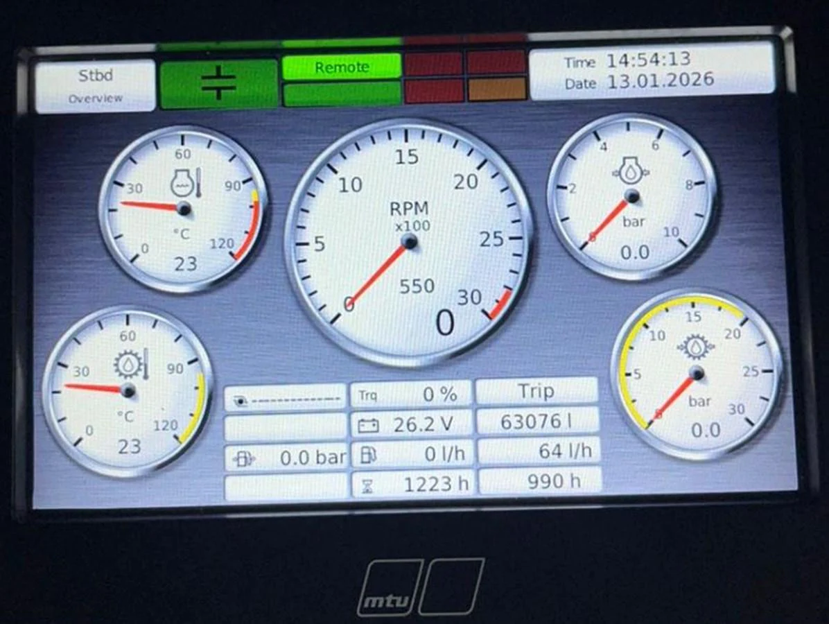 A detailed view of the yacht's instrument panel displaying various engine metrics. aboard LUZ DE MAR Yacht for Sale