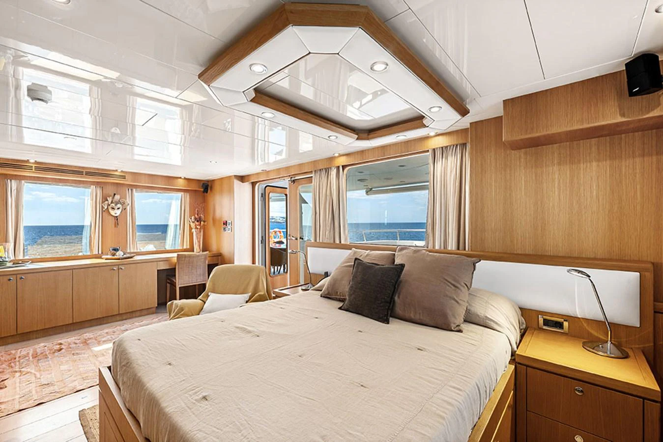 The master stateroom offers a spacious and luxurious retreat with panoramic ocean views. aboard BANDIDO Yacht for Sale