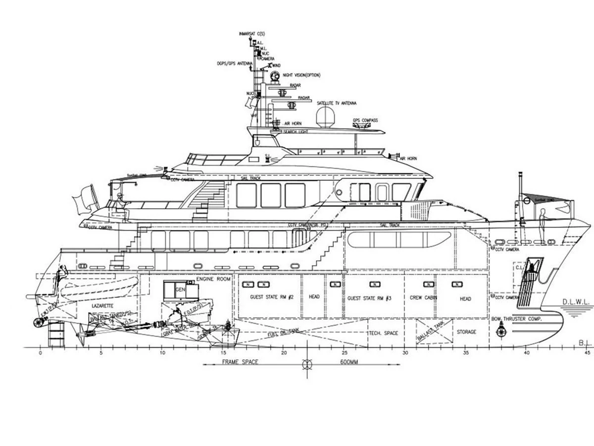 A detailed technical drawing of a yacht showcasing its various sections and features. aboard BANDIDO Yacht for Sale