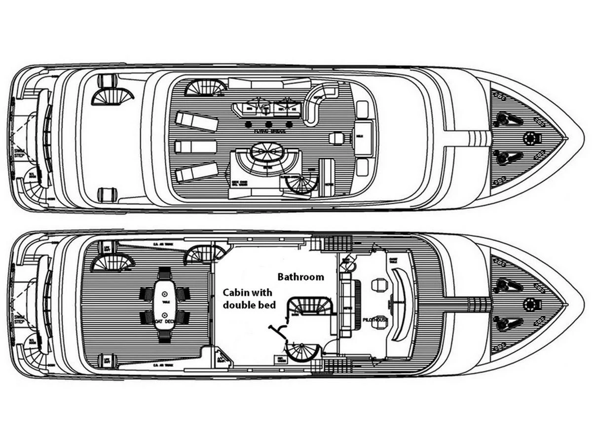 This image shows a detailed deck plan of a yacht, illustrating the layout of various rooms and amenities. aboard BANDIDO Yacht for Sale