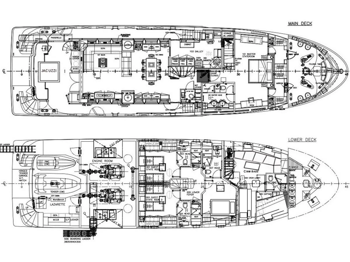 This is a detailed blueprint of the main and lower decks of a yacht, showcasing various rooms and amenities. aboard BANDIDO Yacht for Sale