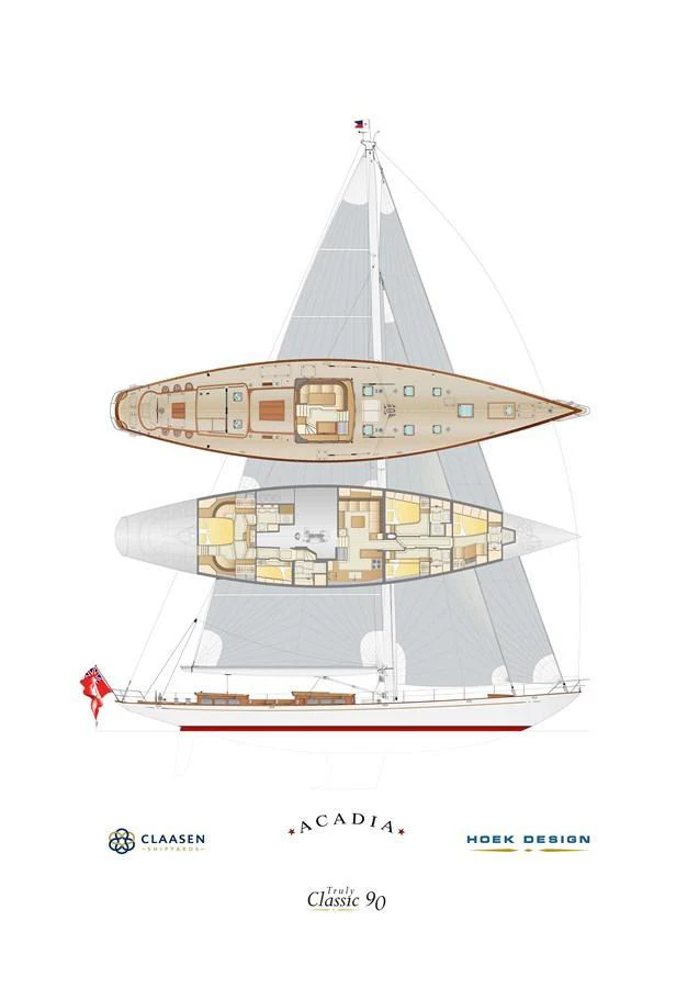 This image showcases the detailed layout and design plans of a classic yacht. aboard ACADIA Yacht for Sale