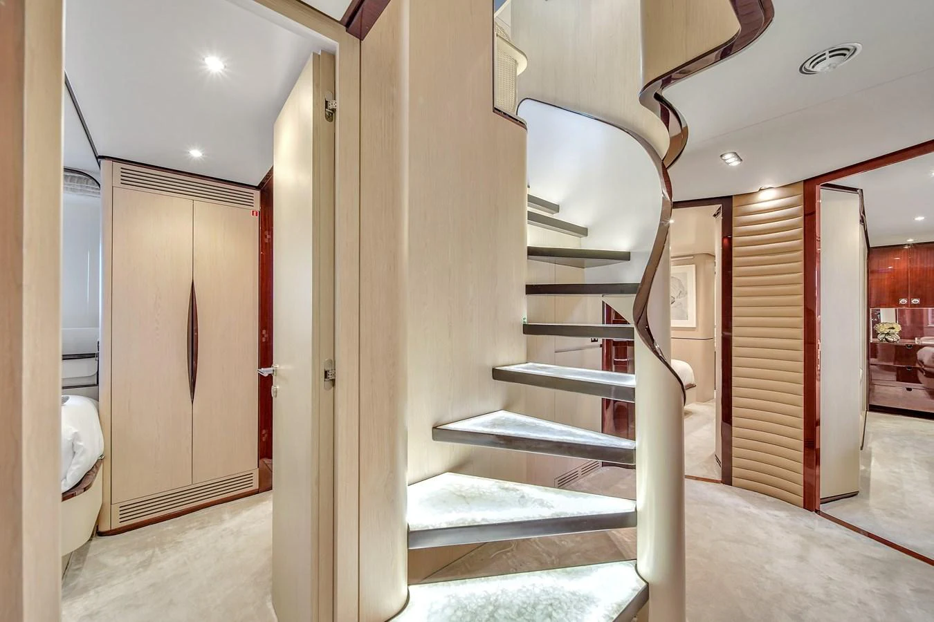 A stylish and modern interior staircase with elegant lighting and sleek design. aboard 2017 AZIMUT 30 METRI Yacht for Sale