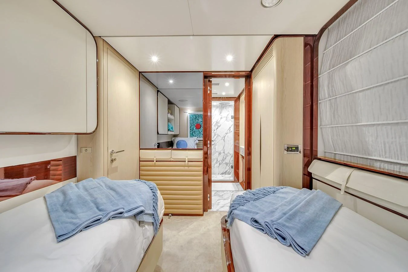 The twin stateroom offers a comfortable and elegant sleeping area with modern decor. aboard 2017 AZIMUT 30 METRI Yacht for Sale
