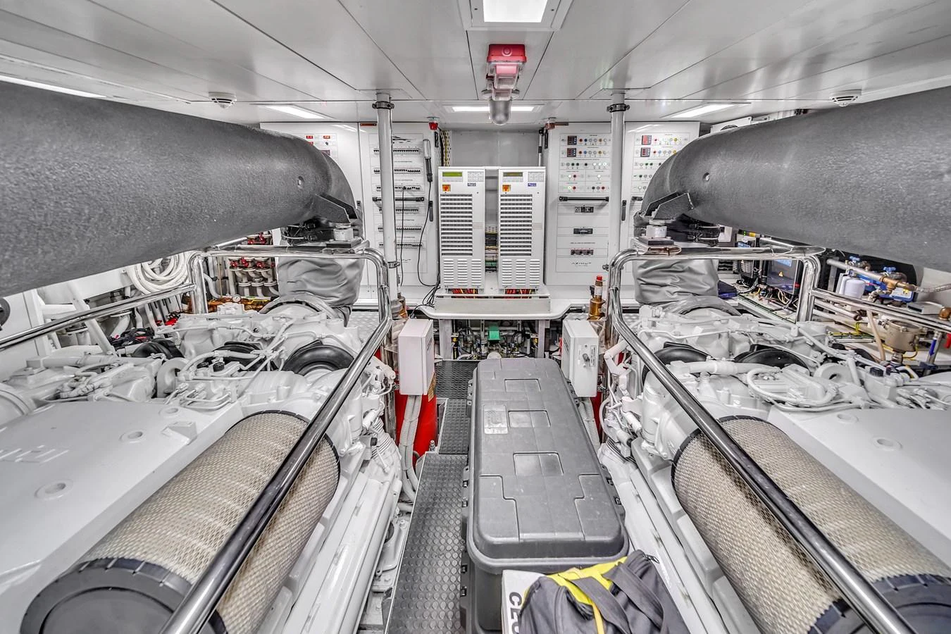 The image showcases a meticulously organized engine room with advanced machinery and equipment. aboard 2017 AZIMUT 30 METRI Yacht for Sale