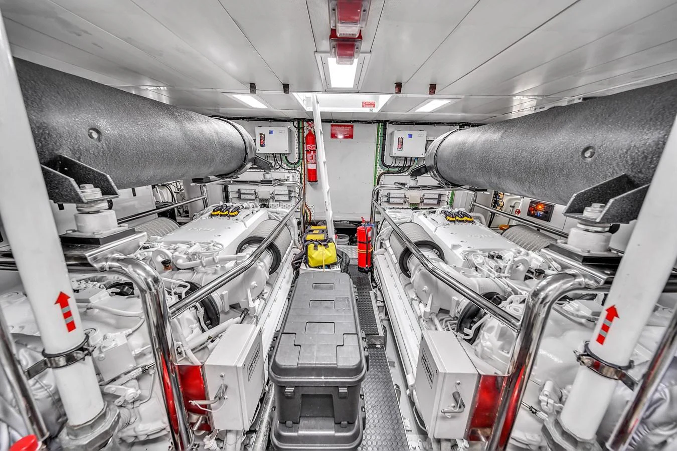 The engine room showcases the yacht's powerful and meticulously maintained machinery. aboard 2017 AZIMUT 30 METRI Yacht for Sale