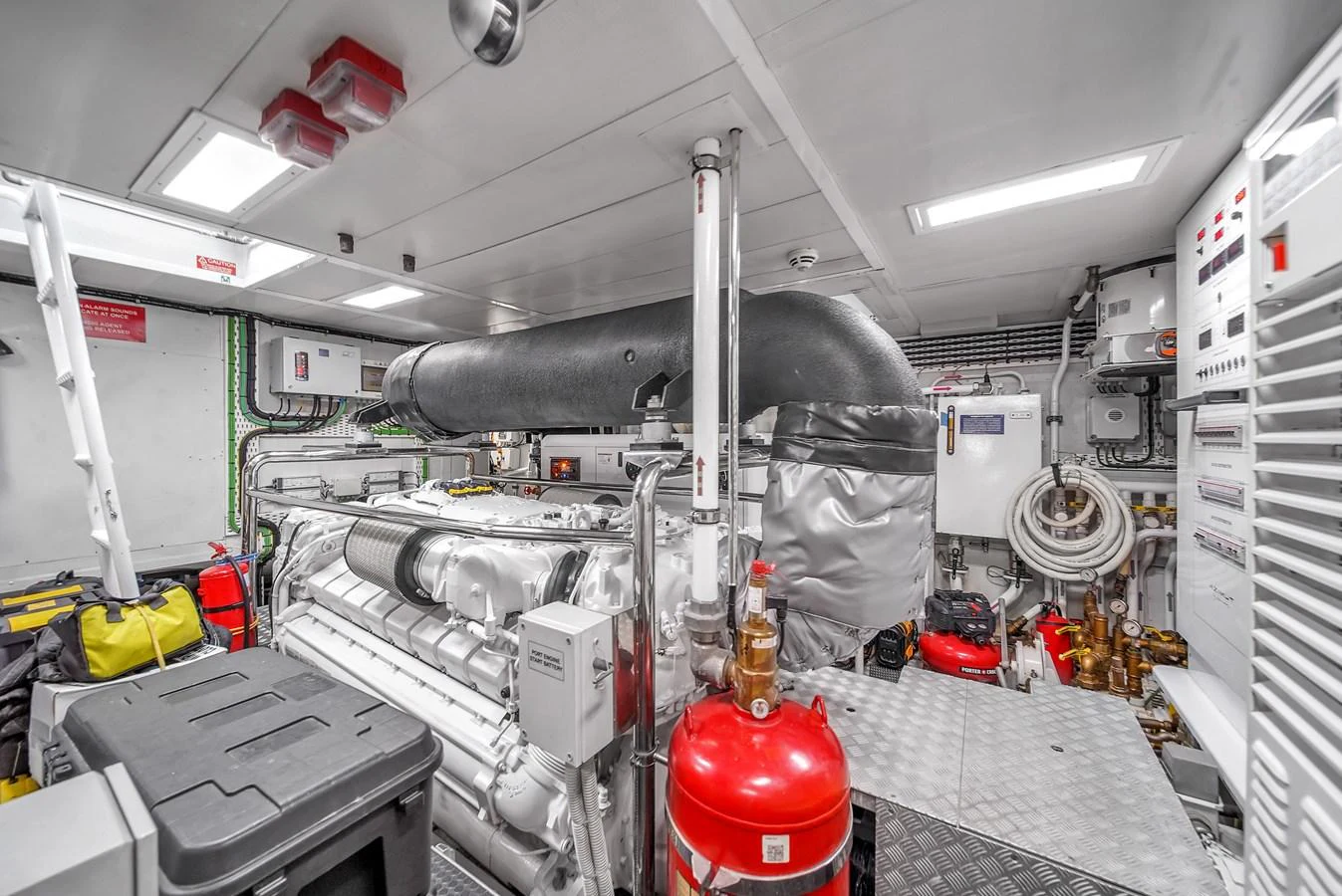 The yacht's engine room is equipped with advanced machinery and safety equipment. aboard 2017 AZIMUT 30 METRI Yacht for Sale