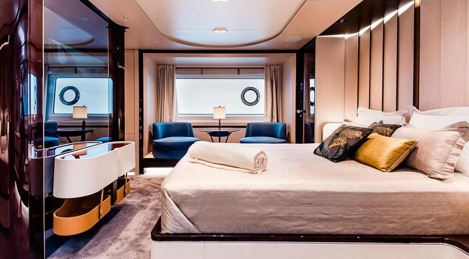 The master stateroom exudes luxury with its spacious layout, plush bedding, and elegant decor. aboard LASTOCHKA Yacht for Sale