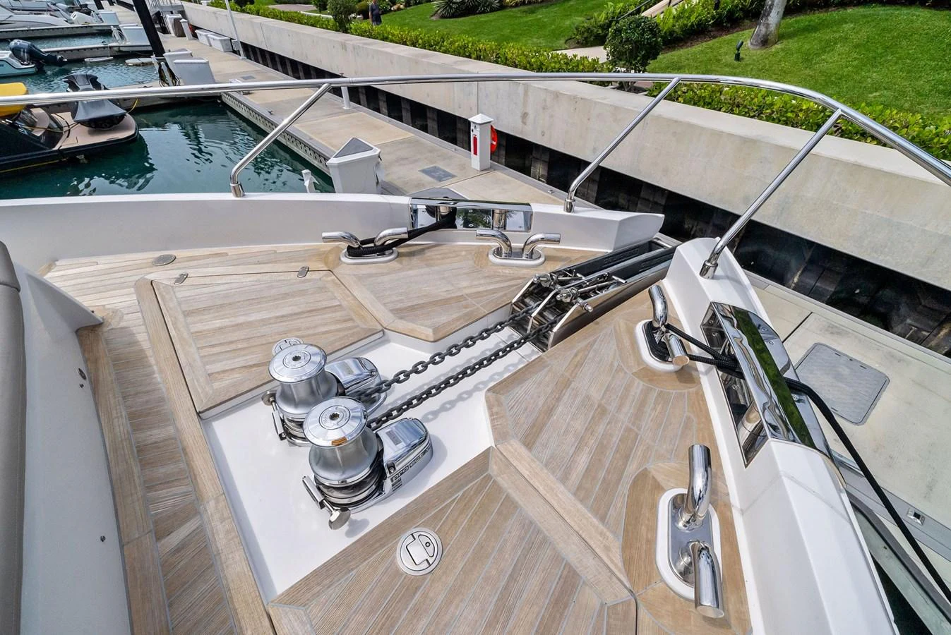 The yacht's bow features a well-maintained anchor system with polished hardware. aboard LADY F Yacht for Sale
