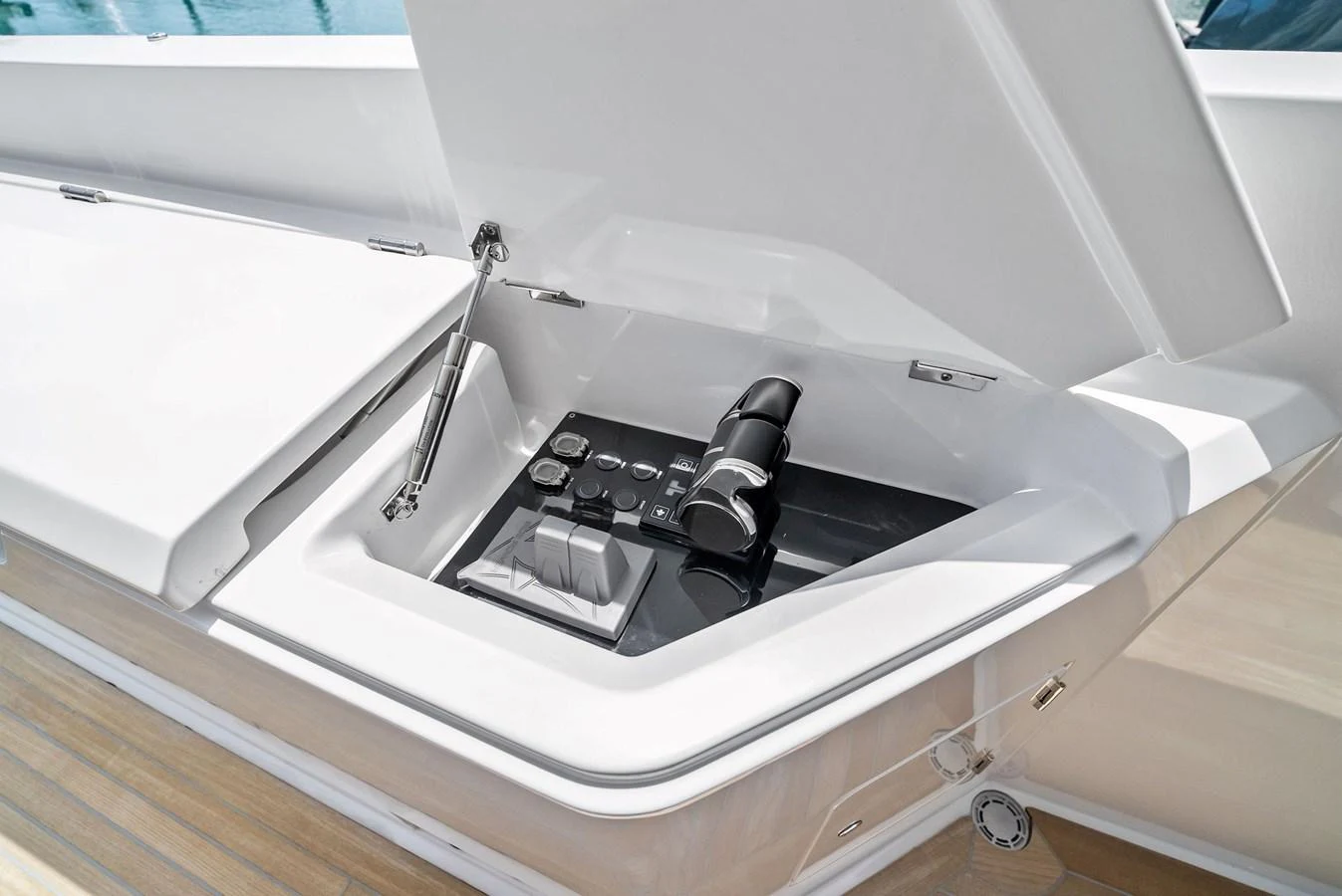 A sleek storage compartment on the yacht, showcasing modern design and functionality. aboard LADY F Yacht for Sale