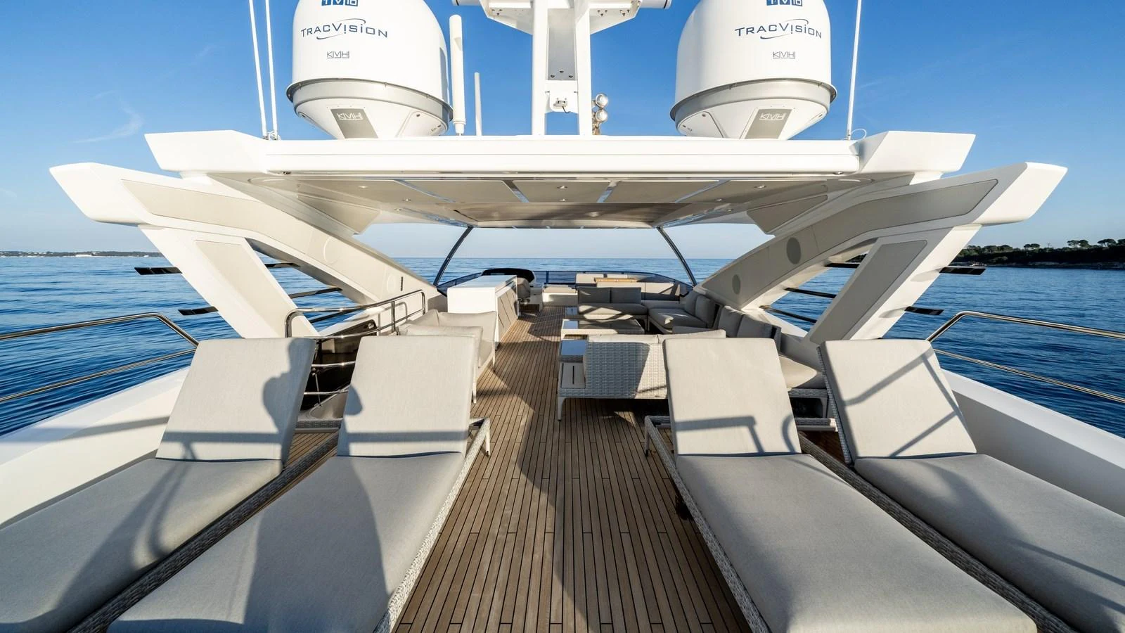 The sundeck offers a spacious and luxurious area for relaxation with ample seating and sun loungers. aboard TRIPLE EIGHT Yacht for Sale