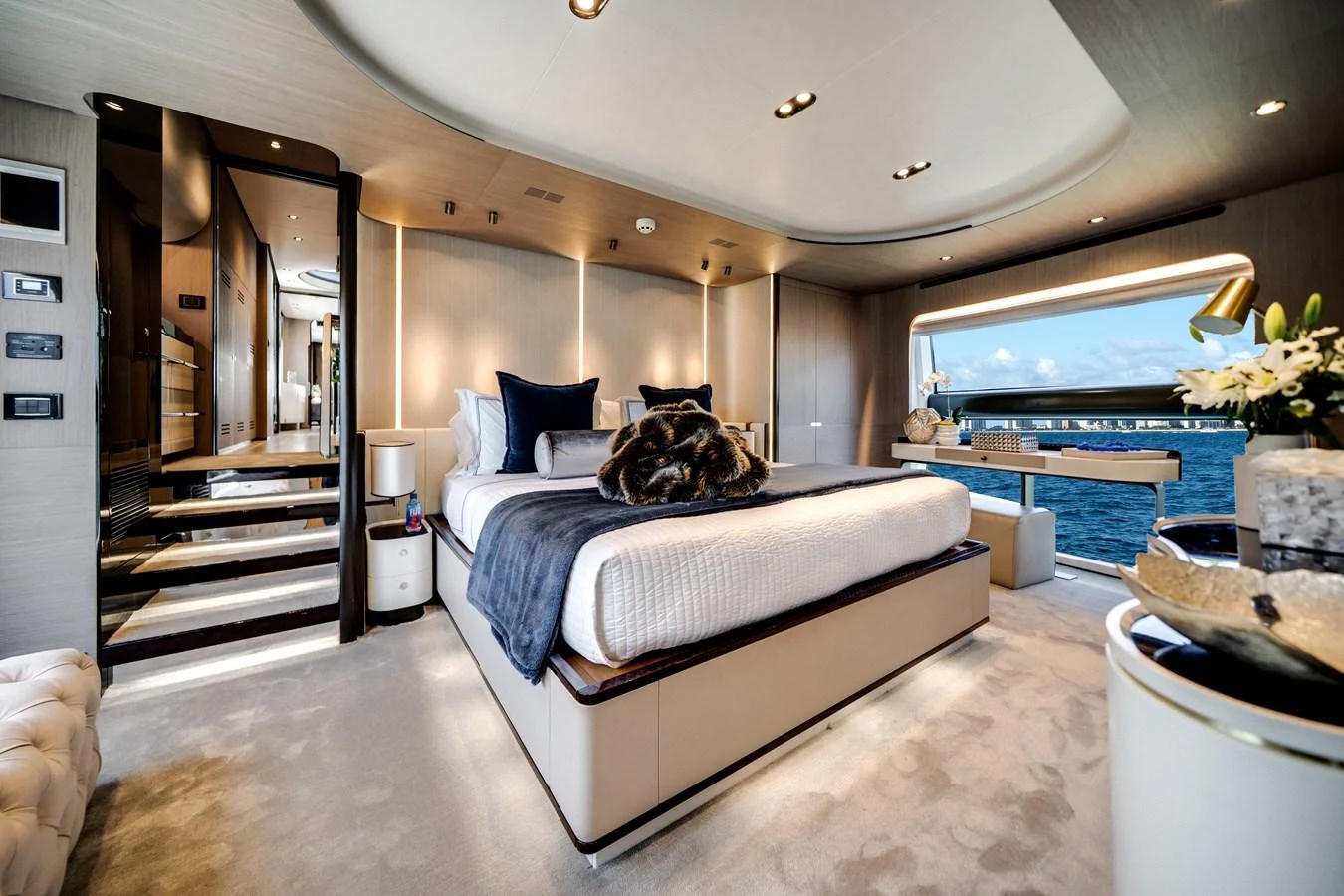 The master stateroom offers a luxurious and spacious retreat with elegant furnishings and a stunning view of the sea. aboard PIER PRESSURE Yacht for Sale