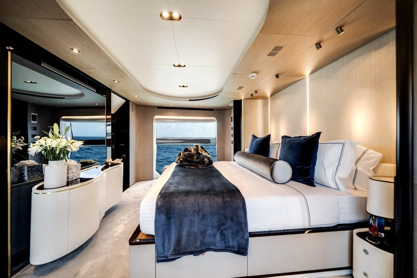 The master stateroom offers a luxurious and serene retreat with a stunning ocean view. aboard PIER PRESSURE Yacht for Sale