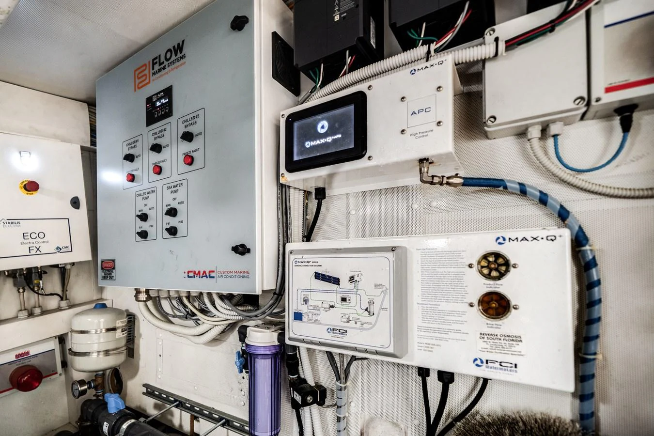 The image showcases the technical equipment and control panels in the yacht's engine room. aboard PIER PRESSURE Yacht for Sale