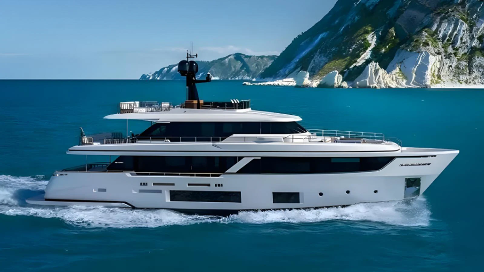 A sleek, modern yacht cruising through pristine blue waters with a stunning coastal backdrop. aboard MARCH SUNRISE Yacht for Sale