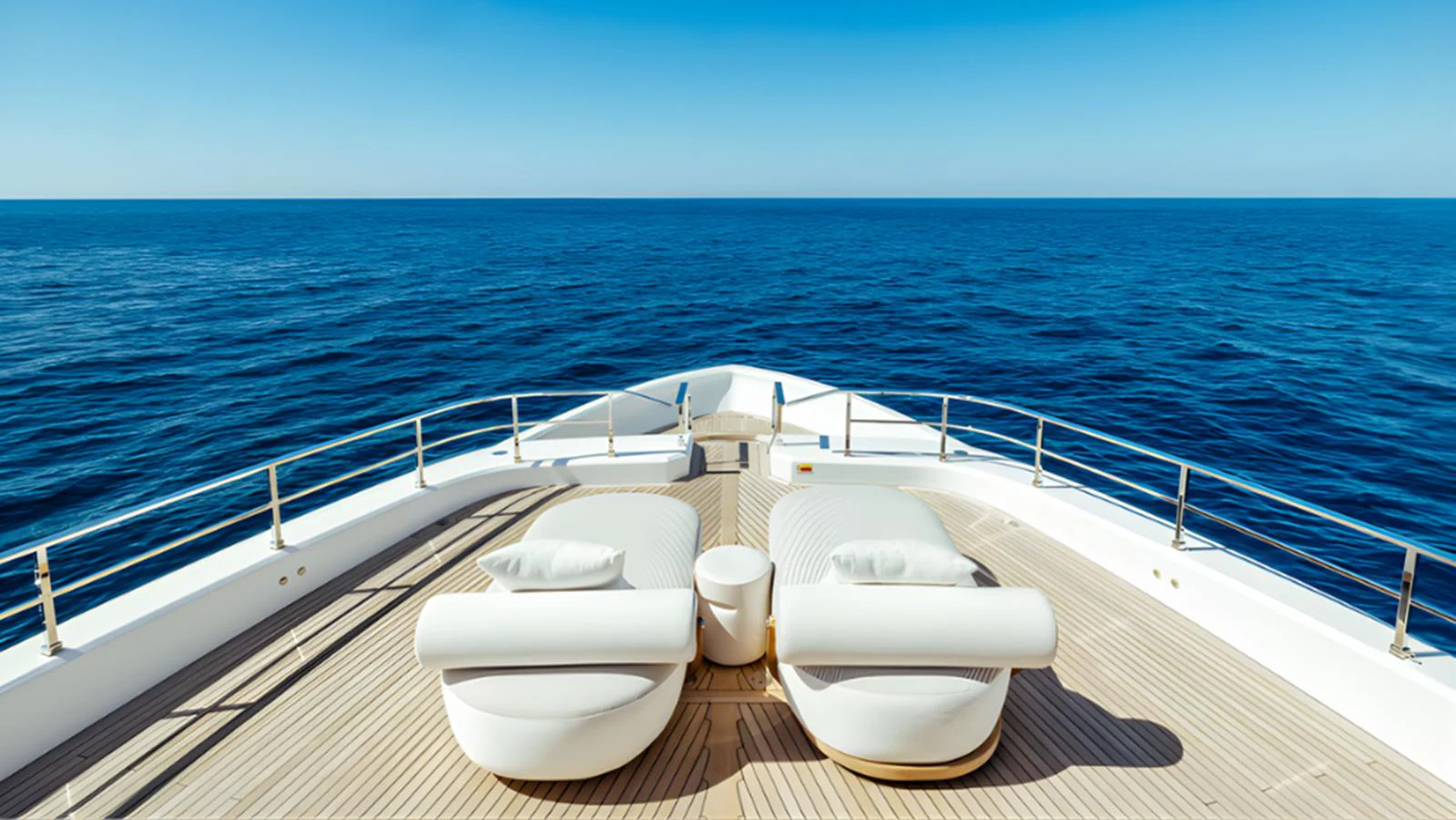 The foredeck features luxurious sun loungers with a stunning ocean view. aboard MARCH SUNRISE Yacht for Sale