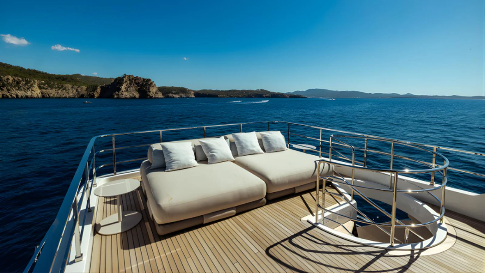 The sundeck offers a luxurious lounging area with plush sunbeds and stunning ocean views. aboard MARCH SUNRISE Yacht for Sale