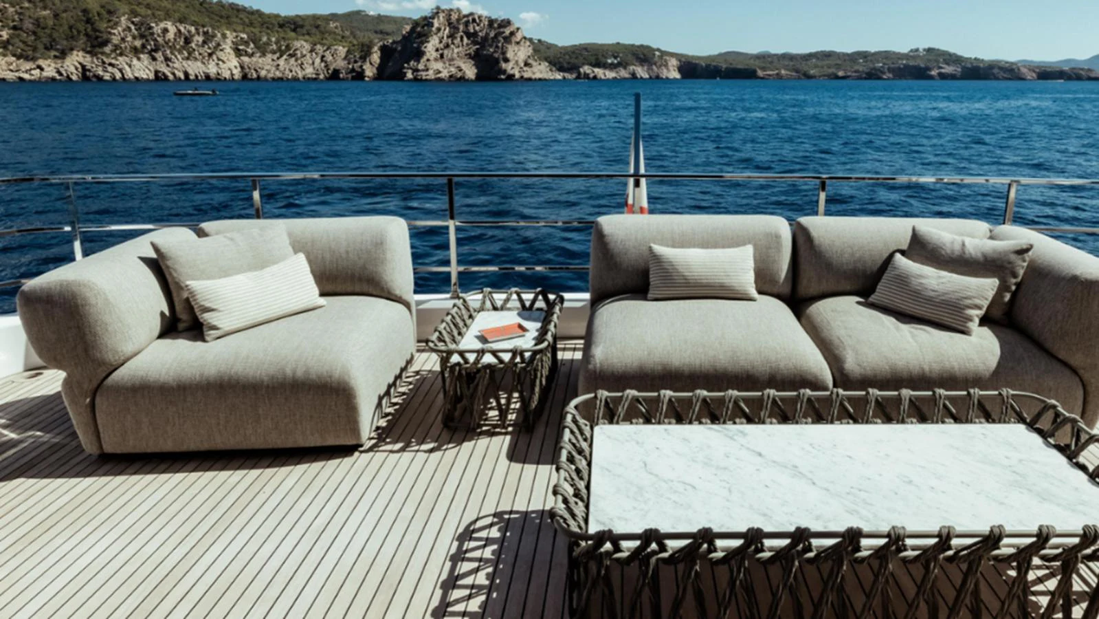 The aft deck features plush seating with a stunning ocean view. aboard MARCH SUNRISE Yacht for Sale
