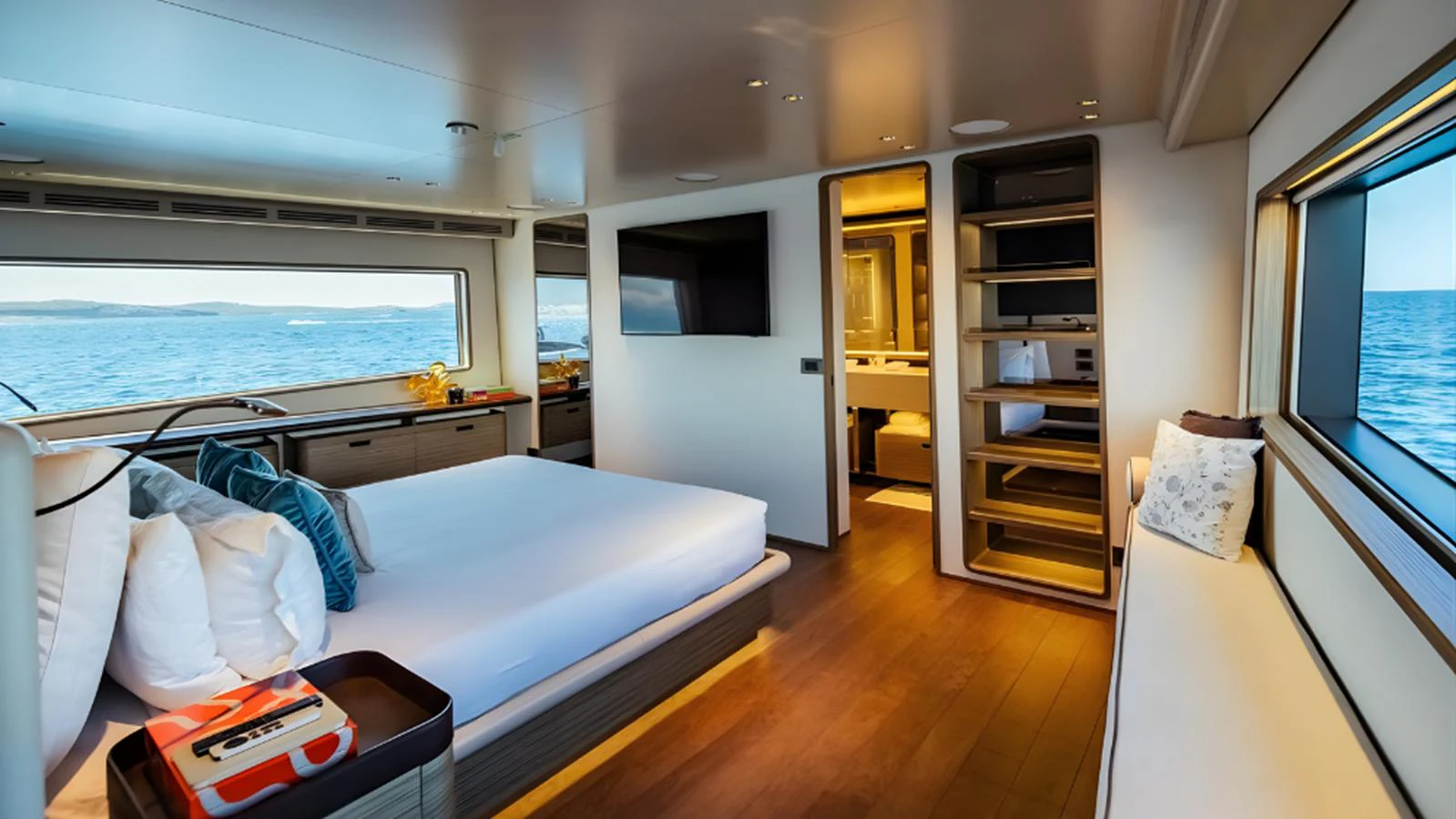 The master stateroom offers a luxurious and serene retreat with stunning ocean views. aboard MARCH SUNRISE Yacht for Sale