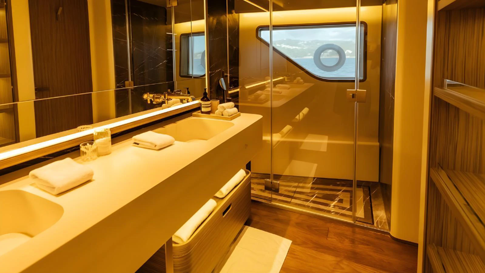 The yacht's bathroom features a sleek design with modern amenities and ample lighting. aboard MARCH SUNRISE Yacht for Sale
