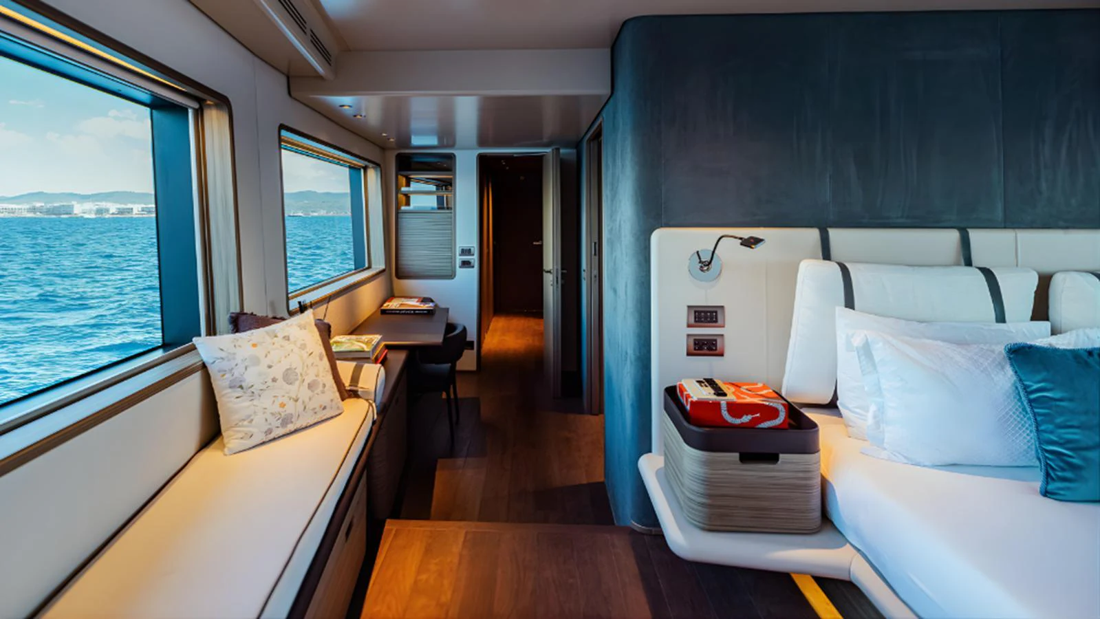 A luxurious stateroom with modern decor and large windows offering stunning ocean views. aboard MARCH SUNRISE Yacht for Sale