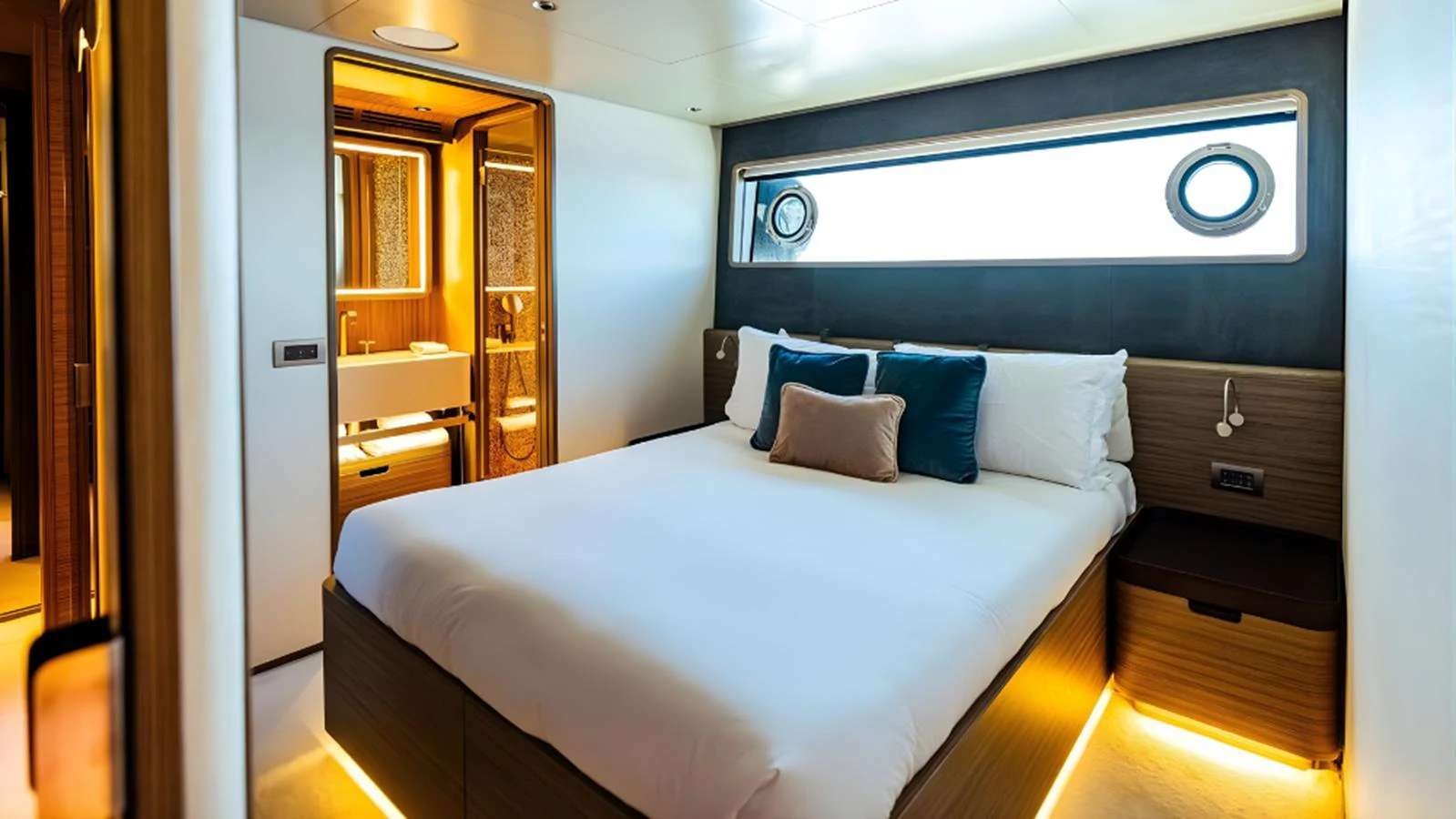 The stateroom features a luxurious bed with modern lighting and elegant decor. aboard MARCH SUNRISE Yacht for Sale