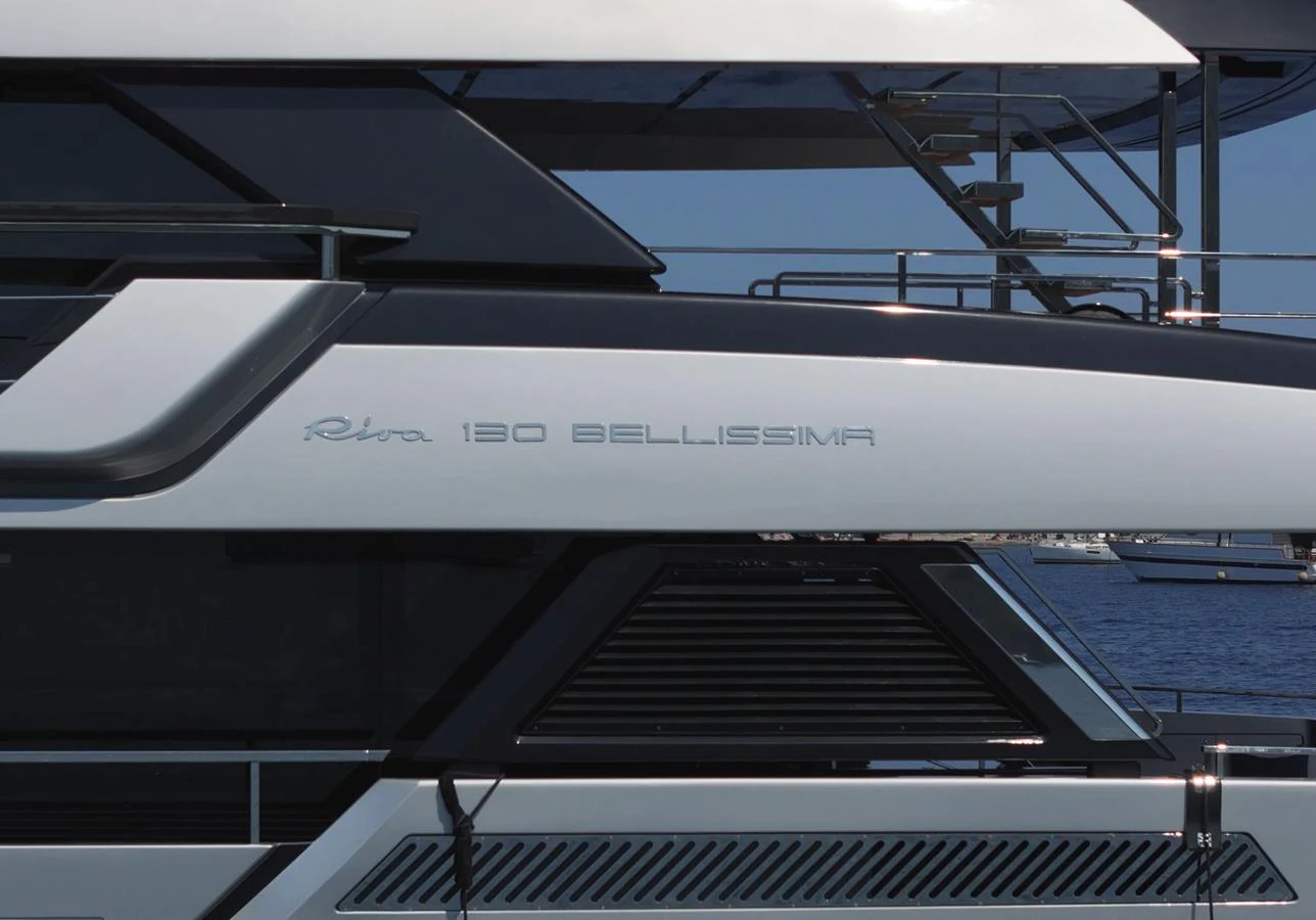 A close-up view of the yacht's sleek exterior showcasing its name and design details. aboard ´LANTE Yacht for Sale