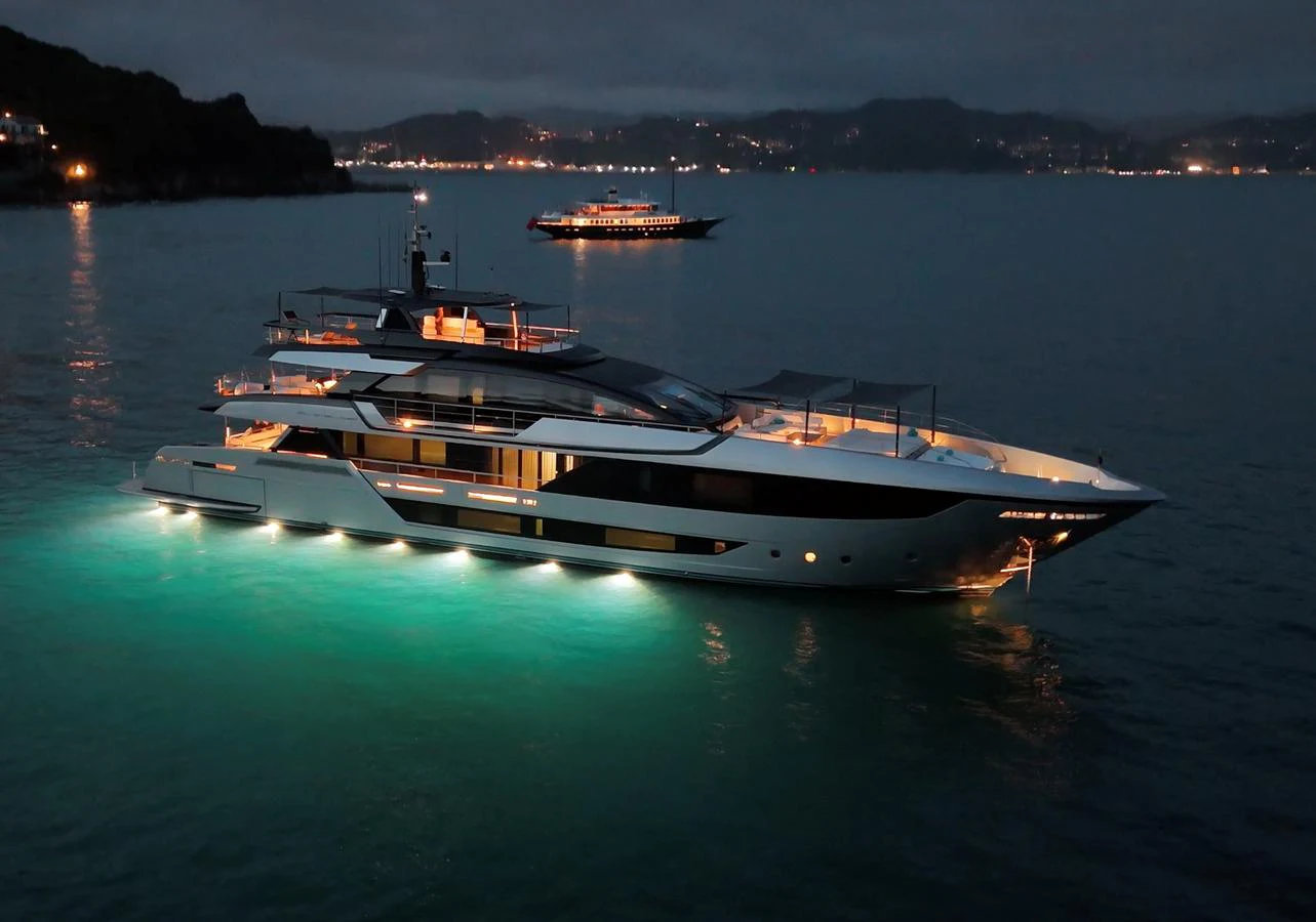 A sleek, modern yacht is illuminated against the evening backdrop, showcasing its elegant design and ambient lighting. aboard ´LANTE Yacht for Sale