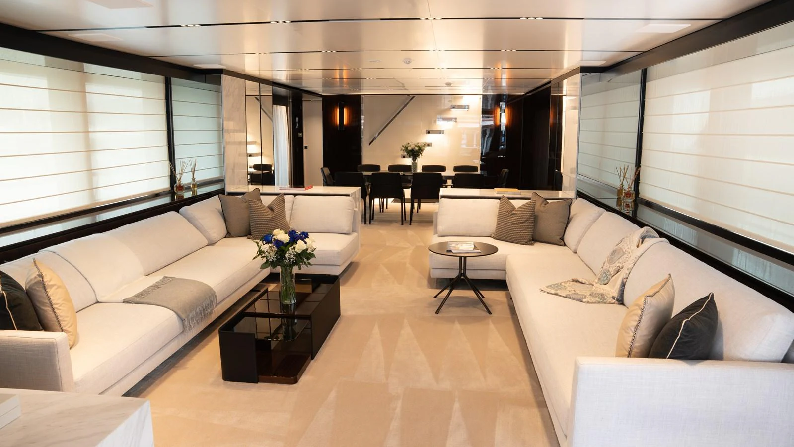 The yacht's salon features luxurious seating and elegant decor, creating a sophisticated and comfortable atmosphere. aboard ´LANTE Yacht for Sale