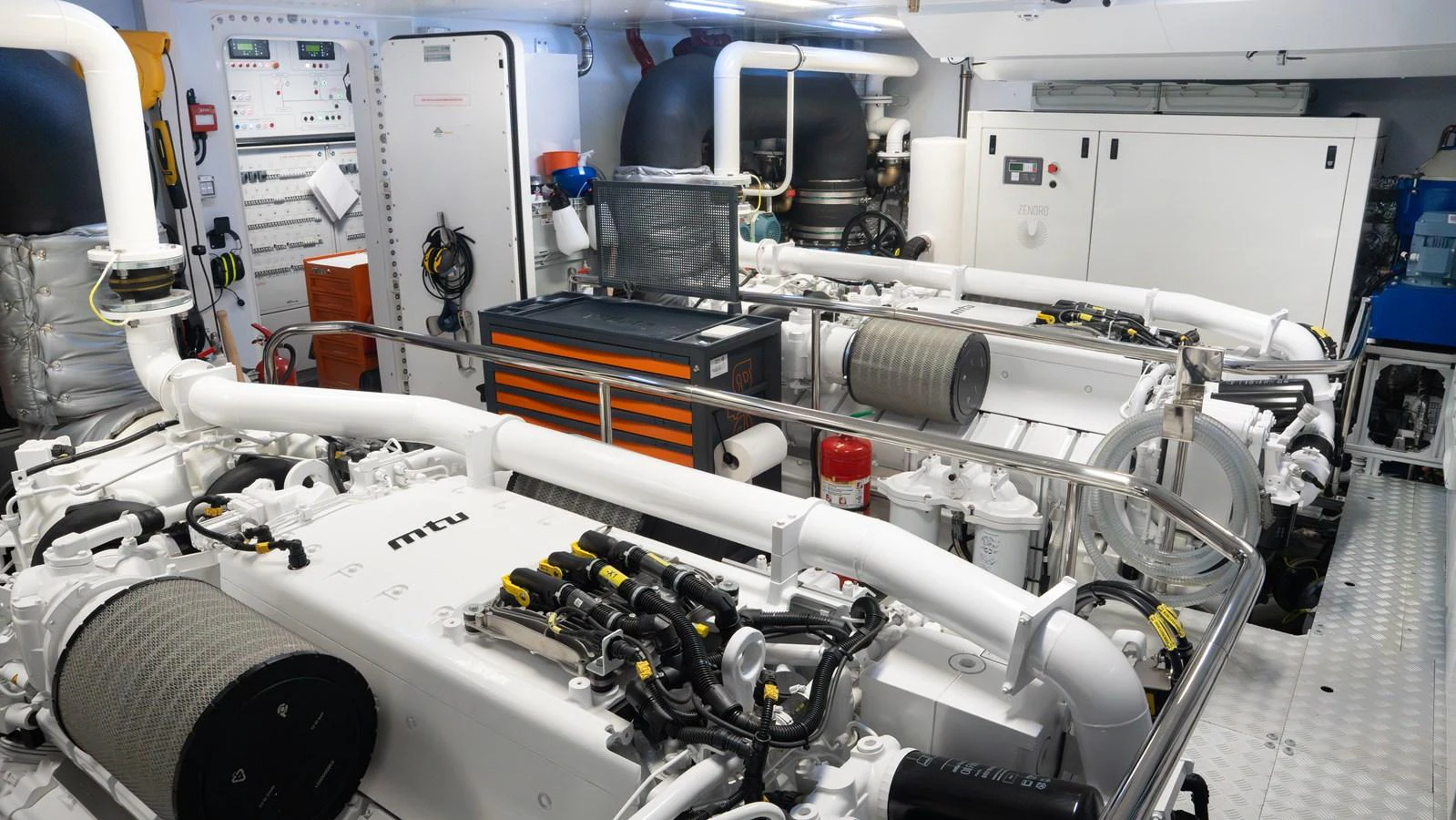 The image showcases the meticulously organized engine room of the yacht, featuring advanced machinery and equipment. aboard ´LANTE Yacht for Sale