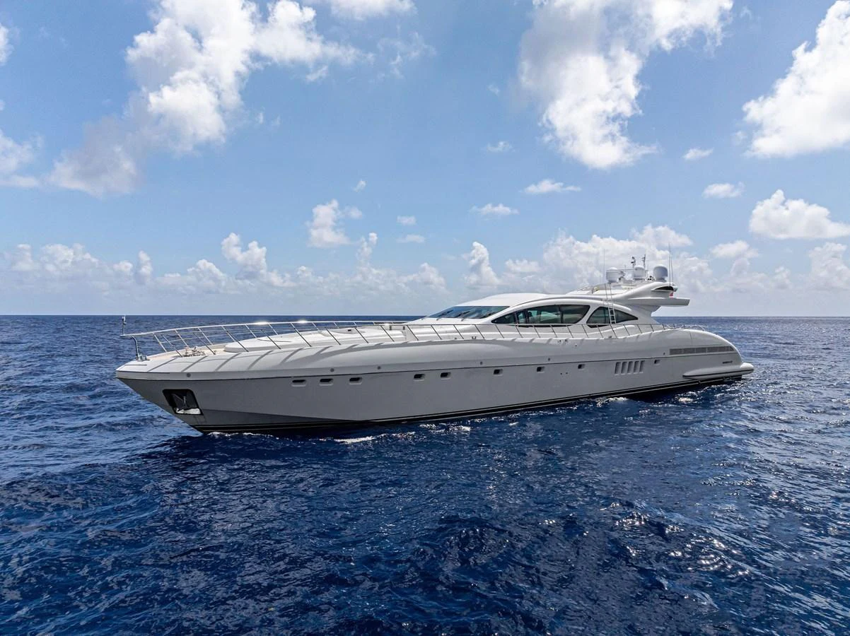 A sleek and modern yacht cruising on open waters under a bright sky. aboard INCOGNITO Yacht for Sale
