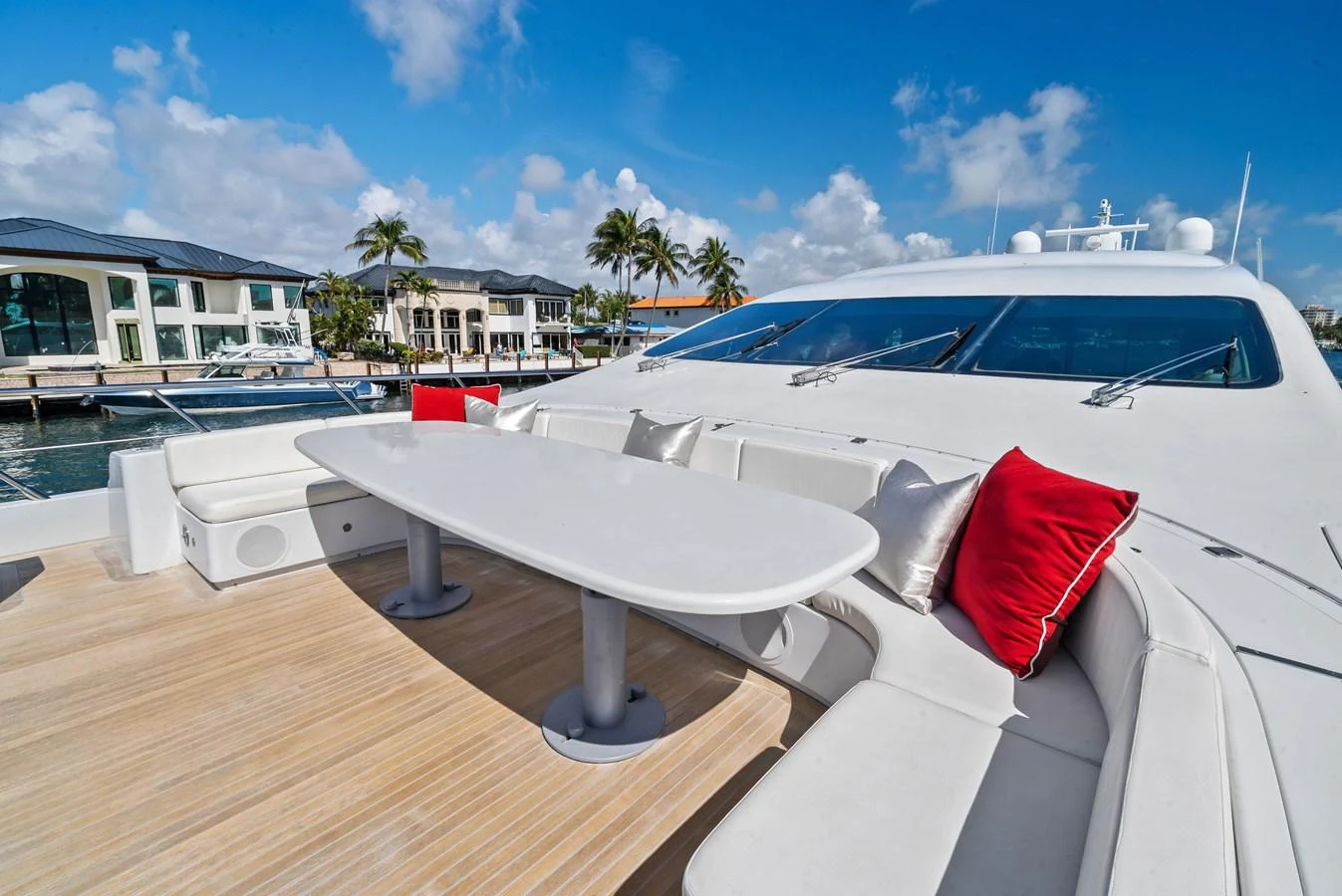 The aft deck features a spacious seating area with a large table, perfect for outdoor dining and relaxation. aboard INCOGNITO Yacht for Sale