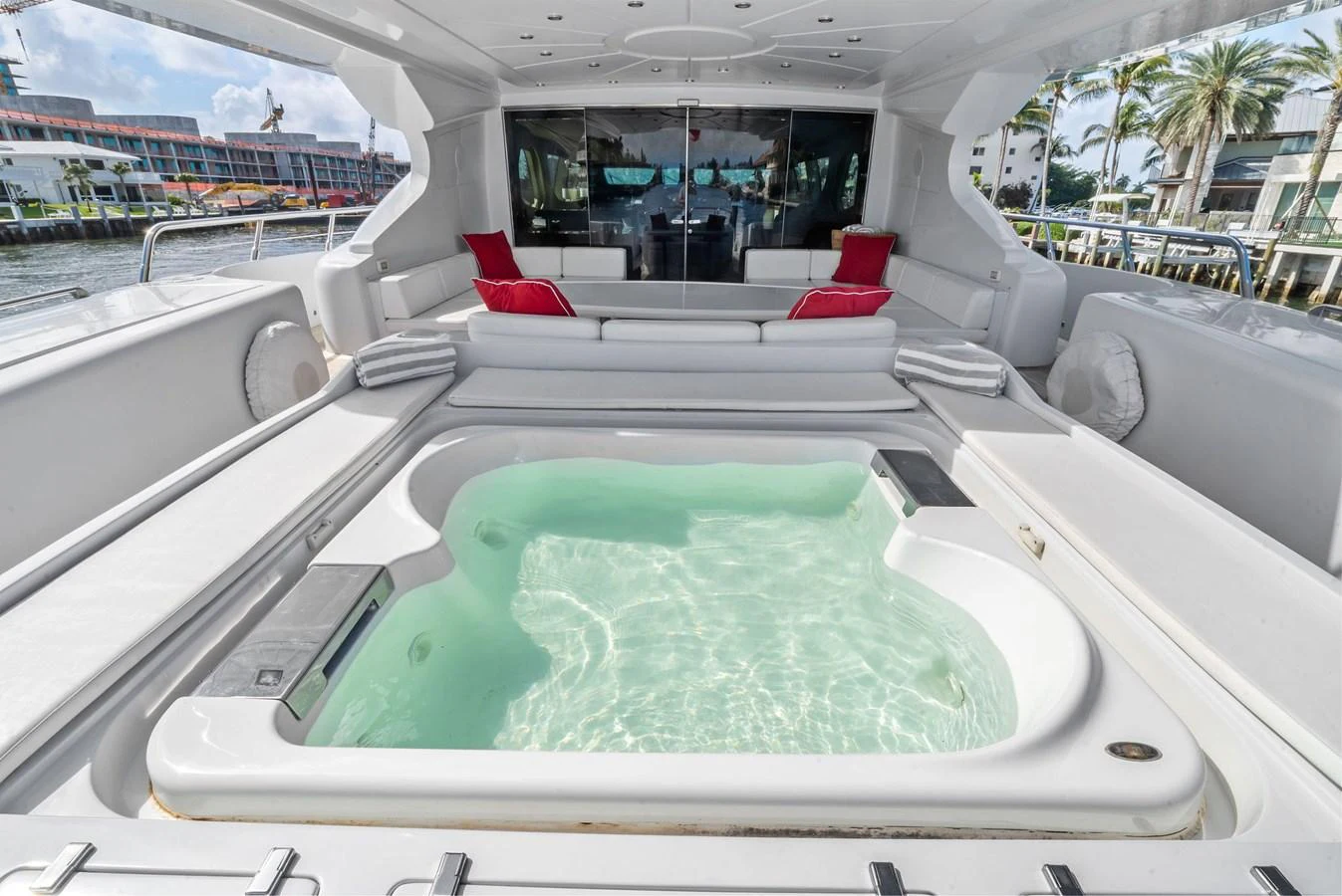 The yacht features a luxurious jacuzzi on the aft deck, perfect for relaxation. aboard INCOGNITO Yacht for Sale