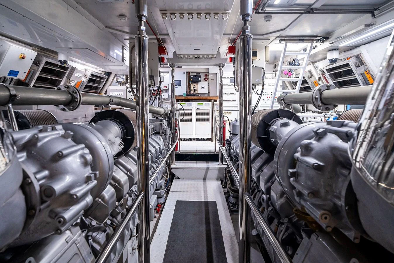 The image showcases the meticulously maintained engine room of the yacht, highlighting its powerful machinery and organized layout. aboard INCOGNITO Yacht for Sale