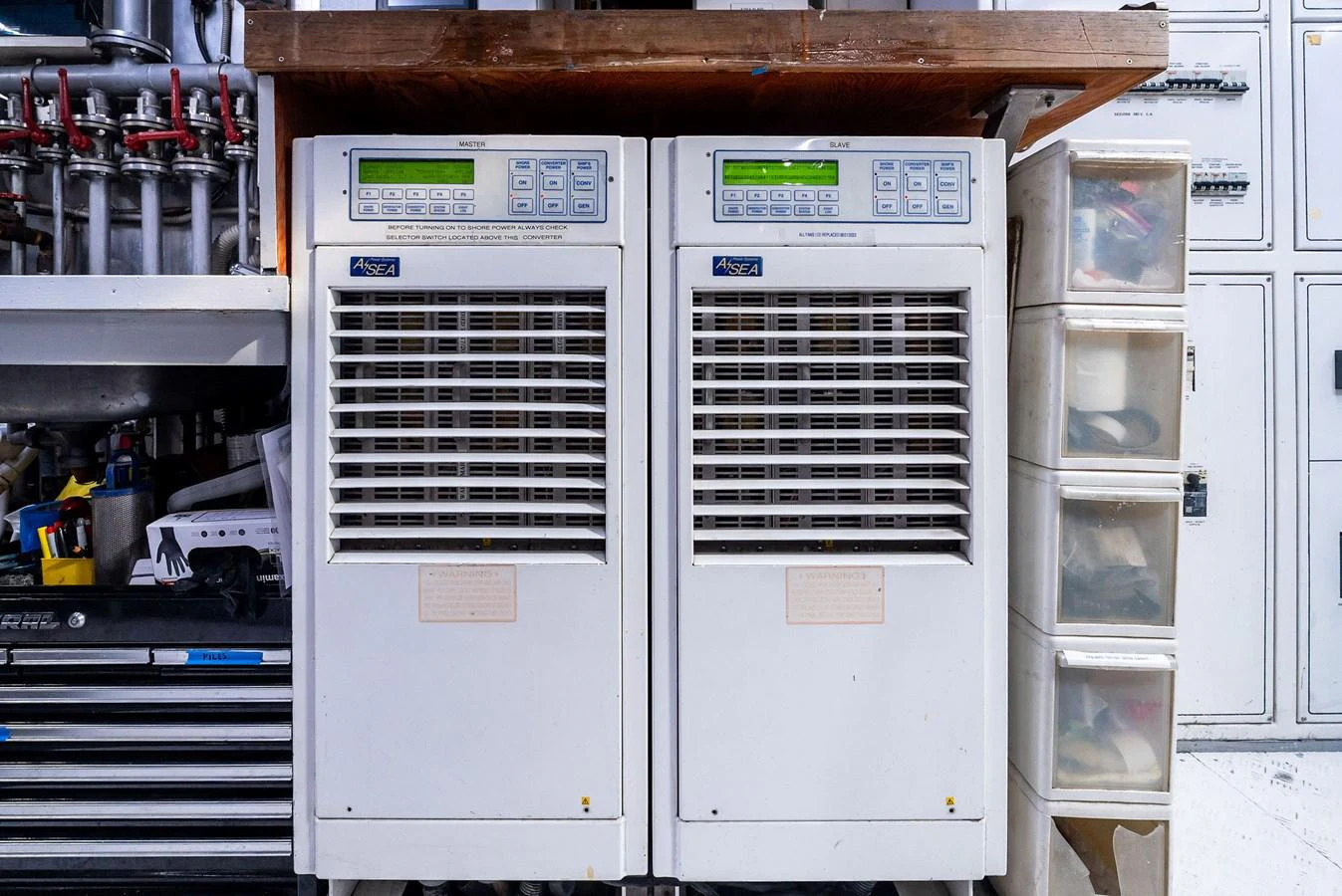 The image showcases the technical equipment and storage area on the yacht, emphasizing functionality and organization. aboard INCOGNITO Yacht for Sale