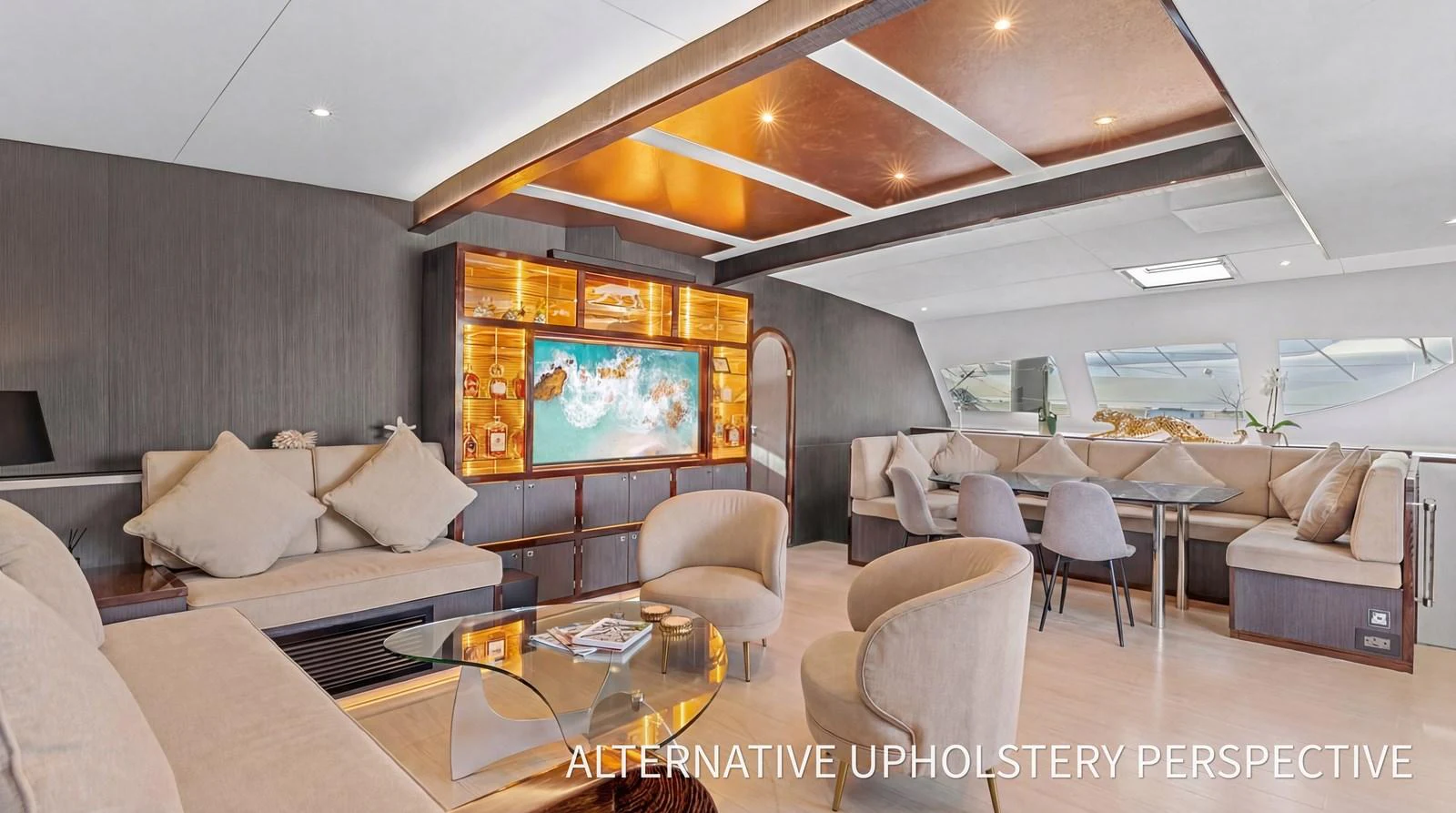 The salon features luxurious seating, a modern entertainment system, and elegant decor. aboard SILHOUETTE 800 Yacht for Sale
