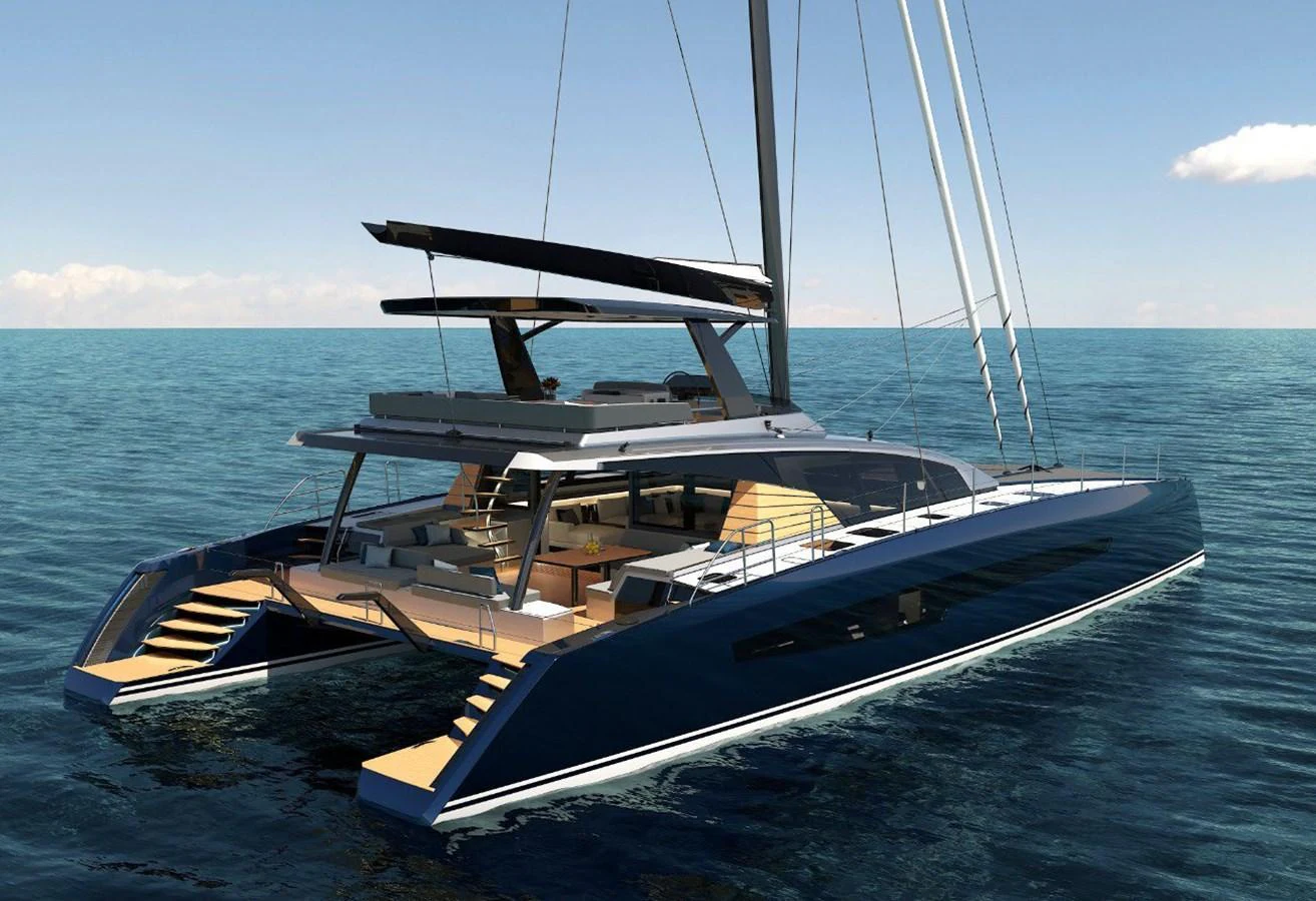 A sleek, modern catamaran yacht cruising on calm waters under a clear sky. aboard AIR YACHT Yacht for Sale