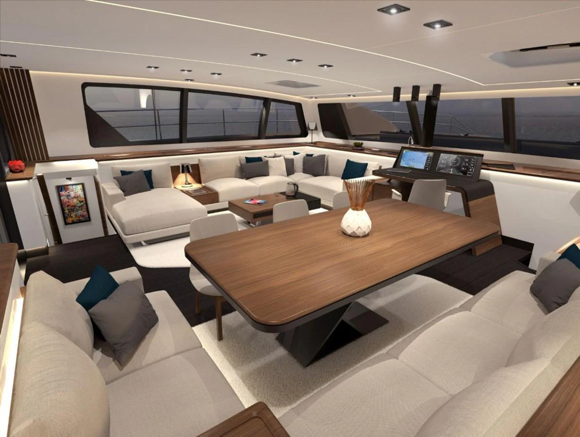 The salon features a spacious and modern design with ample seating and a sophisticated dining area. aboard AIR YACHT Yacht for Sale