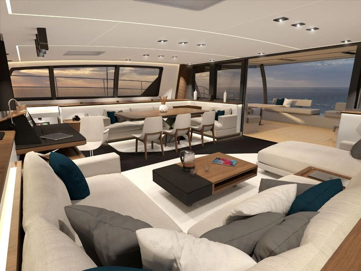 The salon offers a spacious and luxurious seating area with panoramic views of the ocean. aboard AIR YACHT Yacht for Sale