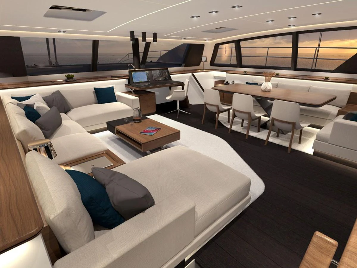 The salon features a spacious and elegantly designed seating area with panoramic windows offering stunning views. aboard AIR YACHT Yacht for Sale