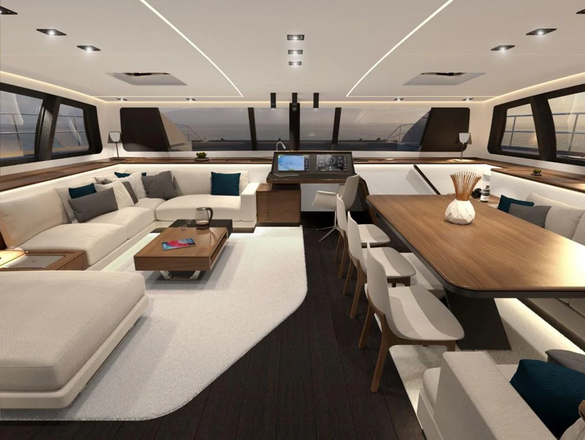 The salon features a spacious seating area with modern furnishings and large windows offering panoramic views. aboard AIR YACHT Yacht for Sale