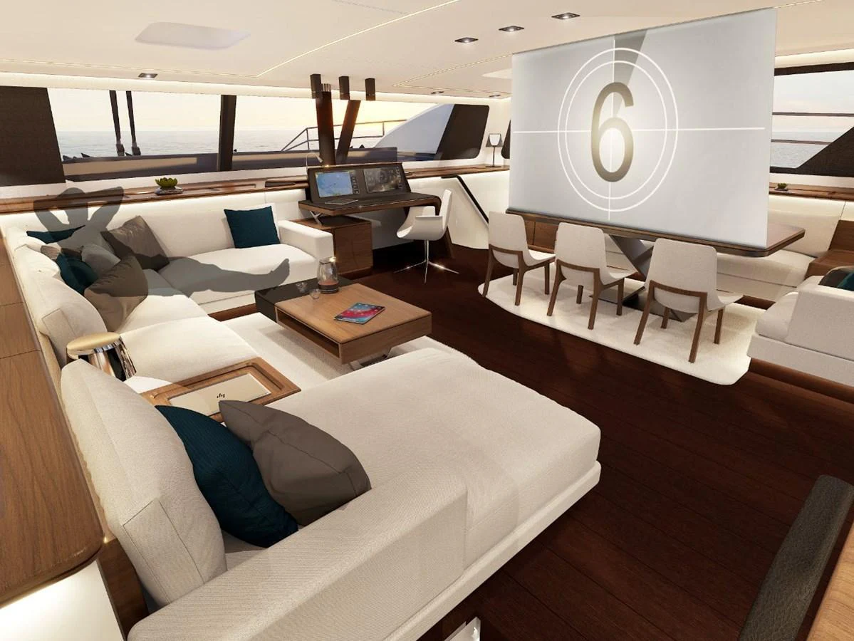 The salon features a spacious and modern design with comfortable seating and a large screen for entertainment. aboard AIR YACHT Yacht for Sale